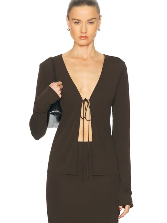 Eaves Tops - EAVES Lian Reversible Top Deep V Tie-Front Blouse Brown Jersey FWRD M